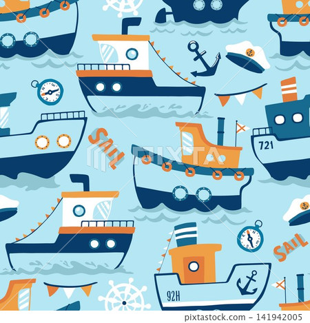 Cute Nautical Seamless Pattern with Cartoon Ships Anchors and Sailing Elements for Kids and Nursery 141942005
