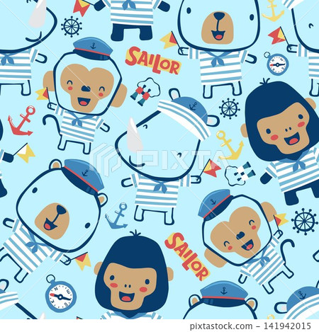 Seamless Pattern of Cute Cartoon Animals in Sailor Uniforms with Nautical Marine Elements on Blue Seamless Pattern of Cute Cartoon Animals in Sailor Uniforms with Nautical Marine Elements on Blue 141942015