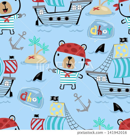 Seamless Pattern of Cute Cartoon Pirate Bears Sailing Ships on the Ocean with Islands and Anchors Seamless Pattern of Cute Cartoon Pirate Bears Sailing Ships on the Ocean with Islands and Anchors 141942016