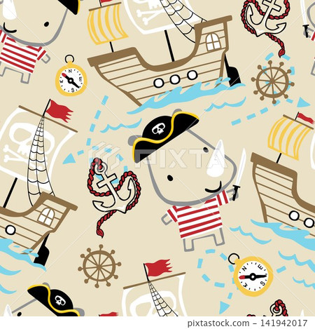 Cute Rhino Pirate Character with Sailing Ship and Nautical Elements Seamless Pattern for Kids Fabric 141942017