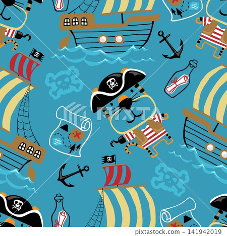 Cute Pirate Tiger Seamless Pattern with Sailing Ships Treasure Maps and Anchors on Blue Background 141942019