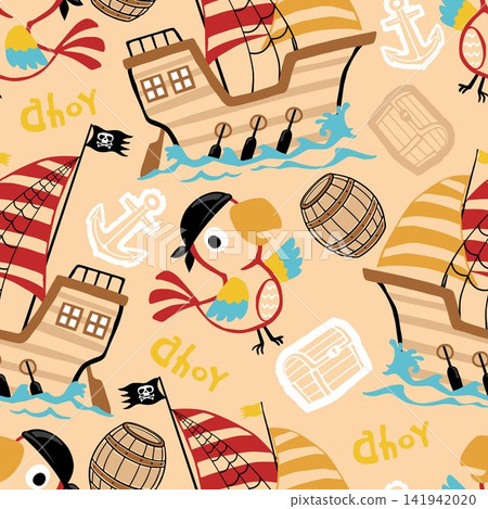 Seamless Pattern with Cartoon Pirate Ships Parrots Treasure Chests and Anchors for Kids Nursery Decor 141942020