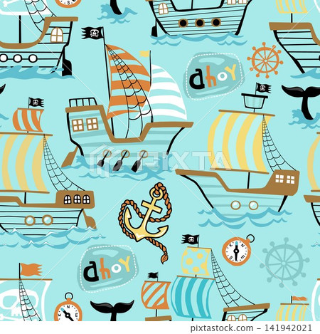 Seamless pattern with cute cartoon pirate ships, anchors, and nautical elements on blue background Seamless pattern with cute cartoon pirate ships, anchors, and nautical elements on blue background 141942021