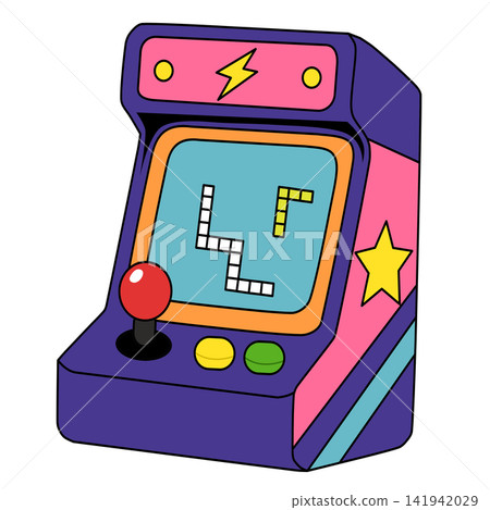 Colorful retro arcade game machine cabinet for video gaming gamer esports 90s nostalgia device sticker print visual graphic clipart artwork design icon element illustration 141942029
