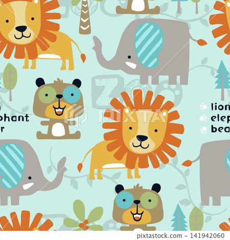 Cute zoo animals seamless pattern with lion and elephant Cute zoo animals seamless pattern with lion and elephant 141942060