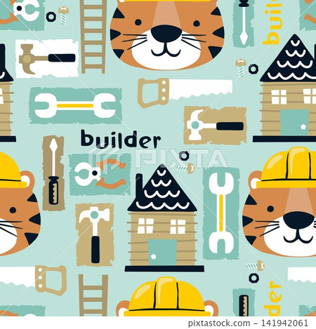 Cute tiger builder and tools seamless pattern for kids Cute tiger builder and tools seamless pattern for kids 141942061