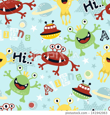 Cute funny aliens in space seamless pattern for kids Cute funny aliens in space seamless pattern for kids 141942063