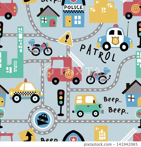 Vector seamless pattern of cartoon city traffic with vehicles Vector seamless pattern of cartoon city traffic with vehicles 141942065