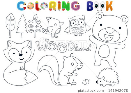 Kids coloring book page with cute woodland forest animals 141942078