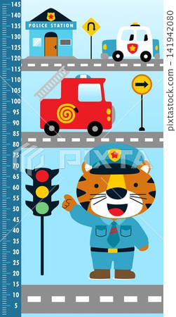 Kids height chart with cute tiger police and rescue vehicles Kids height chart with cute tiger police and rescue vehicles 141942080