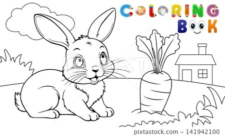 Cute Cartoon Rabbit and Giant Carrot Coloring Page for Kids, Animal Line Art Vector Illustration Cute Cartoon Rabbit and Giant Carrot Coloring Page for Kids, Animal Line Art Vector Illustration 141942100