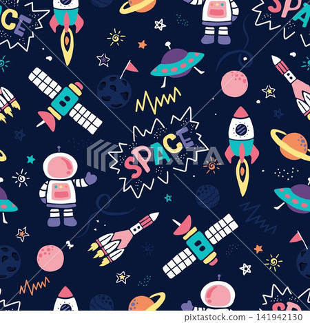 Cute Seamless Space Pattern with Astronauts, Rockets, UFOs and Planets on Dark Blue Background Cute Seamless Space Pattern with Astronauts, Rockets, UFOs and Planets on Dark Blue Background 141942130