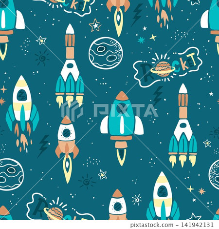 Cute Seamless Pattern of Hand Drawn Space Rockets, Planets and Stars on Dark Teal Background for Kids Cute Seamless Pattern of Hand Drawn Space Rockets, Planets and Stars on Dark Teal Background for Kids 141942131