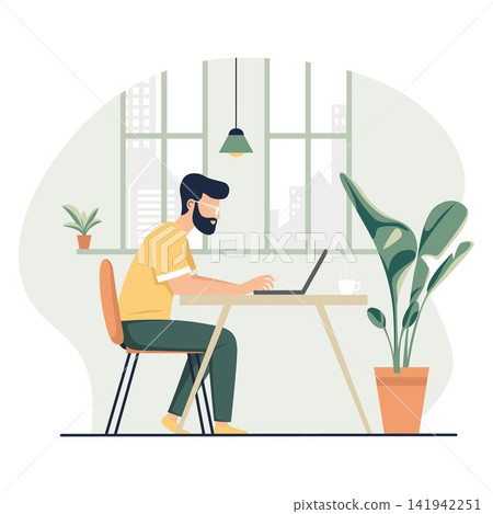 Man Working on Laptop Indoors Man Working on Laptop Indoors 141942251