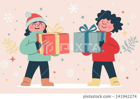 Children Holding Christmas Gift Boxes Children Holding Christmas Gift Boxes 141942274