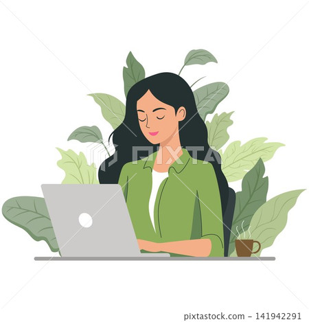 Woman Working on Laptop With Leaves Woman Working on Laptop With Leaves 141942291