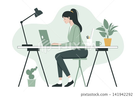Woman Working on Laptop at Desk Woman Working on Laptop at Desk 141942292
