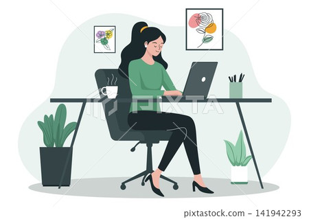 Woman Working on Laptop at Desk 141942293