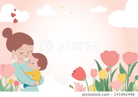 Mother Hugging Baby Floral Background Mother Hugging Baby Floral Background 141942496