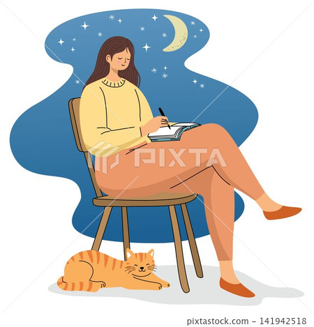 Woman Writing Journal at Night with Cat Woman Writing Journal at Night with Cat 141942518