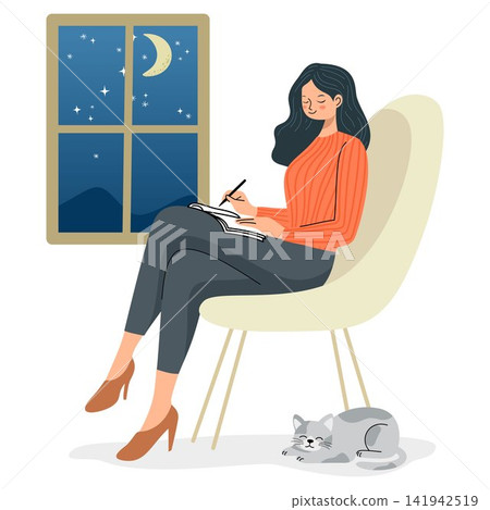 Woman Writing Journal at Night with Cat 141942519