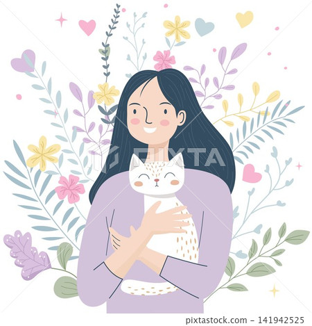Woman Hugging Cat with Floral Background Woman Hugging Cat with Floral Background 141942525