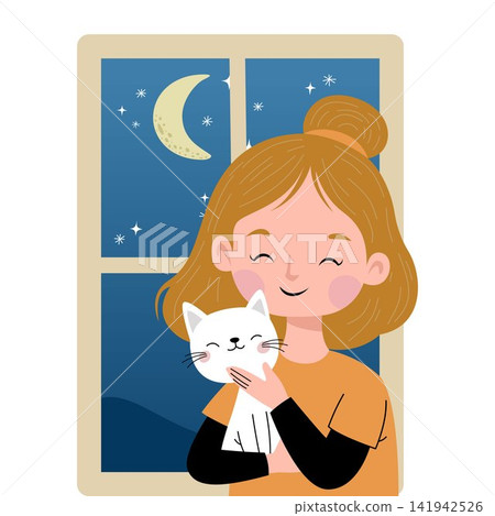 Young girl hugging a white cat by the window. Young girl hugging a white cat by the window. 141942526