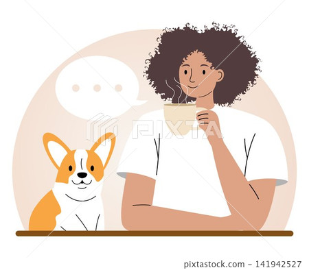 Woman drinking coffee while sitting next to her dog. Woman drinking coffee while sitting next to her dog. 141942527