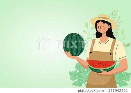 Woman Farmer Holding Fresh Watermelon 141942531