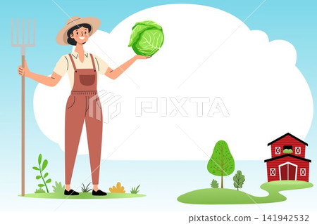 Farmer Holding Cabbage with Farm Landscape 141942532