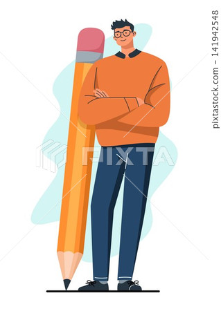 Man Standing With Giant Pencil Man Standing With Giant Pencil 141942548