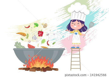 Little girl in chef hat cooking vegetables in large pot. Little girl in chef hat cooking vegetables in large pot. 141942566