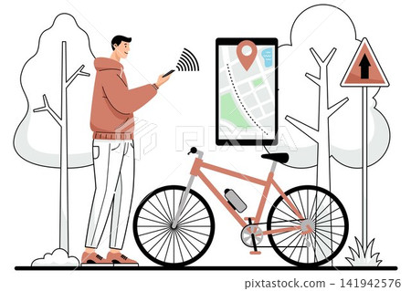 Man Using Bicycle Navigation App Man Using Bicycle Navigation App 141942576