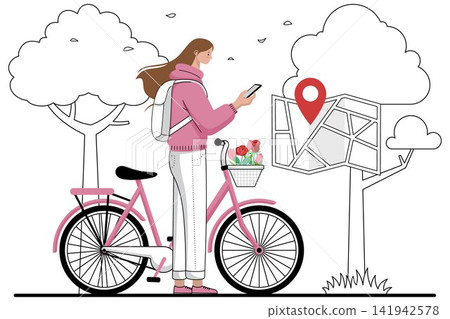 Woman Using Bicycle Navigation App Woman Using Bicycle Navigation App 141942578