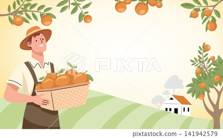 Farmer Holding Orange Harvest Landscape Farmer Holding Orange Harvest Landscape 141942579