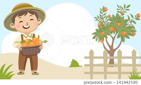 Boy Harvesting Oranges in Garden 141942580