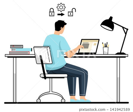 Man Working Laptop With Security Icons Man Working Laptop With Security Icons 141942589