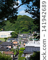 A view of a rural townscape from a shrine on a hill. 141942689