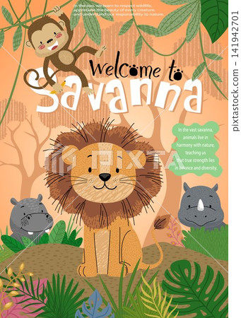 Cute Lion and Jungle Animals with Monkey and Rhino Illustration Cute Lion and Jungle Animals with Monkey and Rhino Illustration 141942701