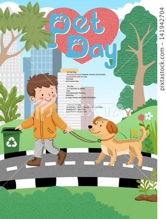 Boy Walking Dog in City with Love and Pet Care Concept Boy Walking Dog in City with Love and Pet Care Concept 141942704