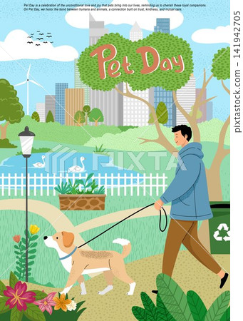 Man Walking Dog in City Park with Nature and Skyline 141942705