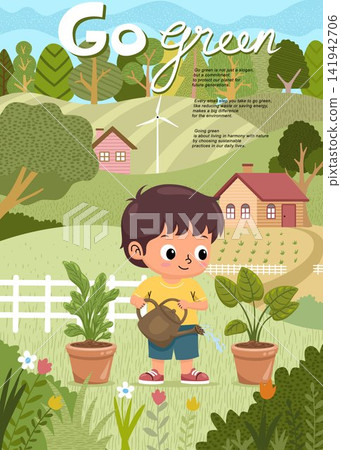 Boy Watering Plants in Garden with Countryside Landscape 141942706