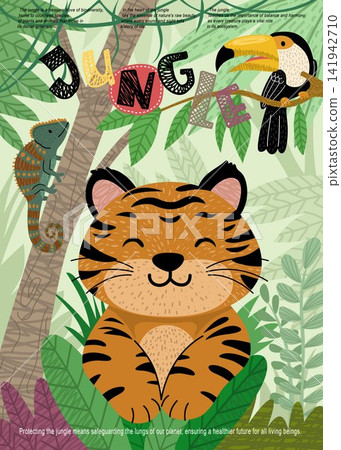 Cute Tiger in Jungle with Toucan and Chameleon Illustration Cute Tiger in Jungle with Toucan and Chameleon Illustration 141942710