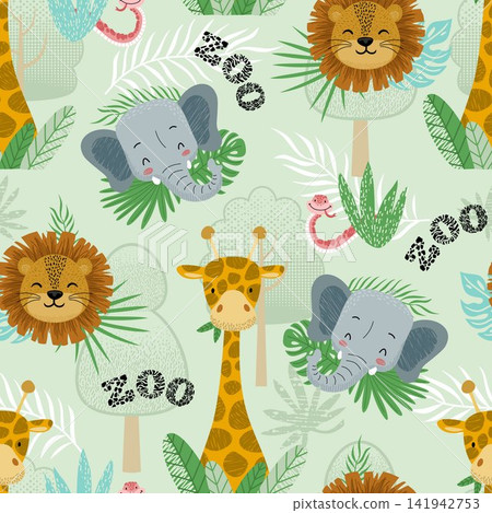 Seamless Jungle Animal Pattern with Giraffe Elephant Lion Seamless Jungle Animal Pattern with Giraffe Elephant Lion 141942753