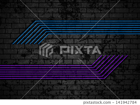 Blue violet neon tech lines on brick grunge wall Blue violet neon tech lines on brick grunge wall 141942784