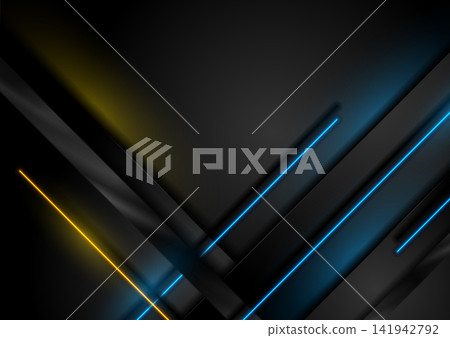 Black abstract striped background with blue and yellow neon laser lines Black abstract striped background with blue and yellow neon laser lines 141942792