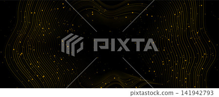 Shiny golden sparkling abstract background with wavy lines and small dots Shiny golden sparkling abstract background with wavy lines and small dots 141942793