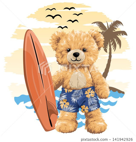Cute Teddy Bear With Surfboard Beach Summer Vacation Illustration 141942926