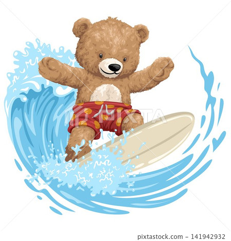 Cute Teddy Bear Surfing Wave Action Summer Sport Illustration Cute Teddy Bear Surfing Wave Action Summer Sport Illustration 141942932