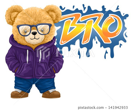 Stylish Teddy Bear Character with Glasses and Hoodie Stylish Teddy Bear Character with Glasses and Hoodie 141942933